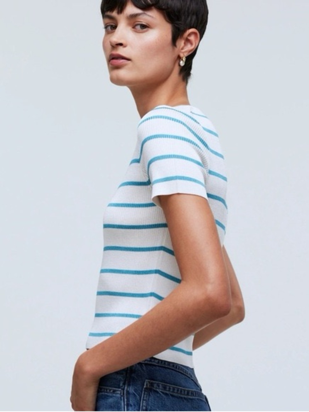 MADEWELL White Ribbed Shirt with Turquoise Blue Stripes. Size Medium